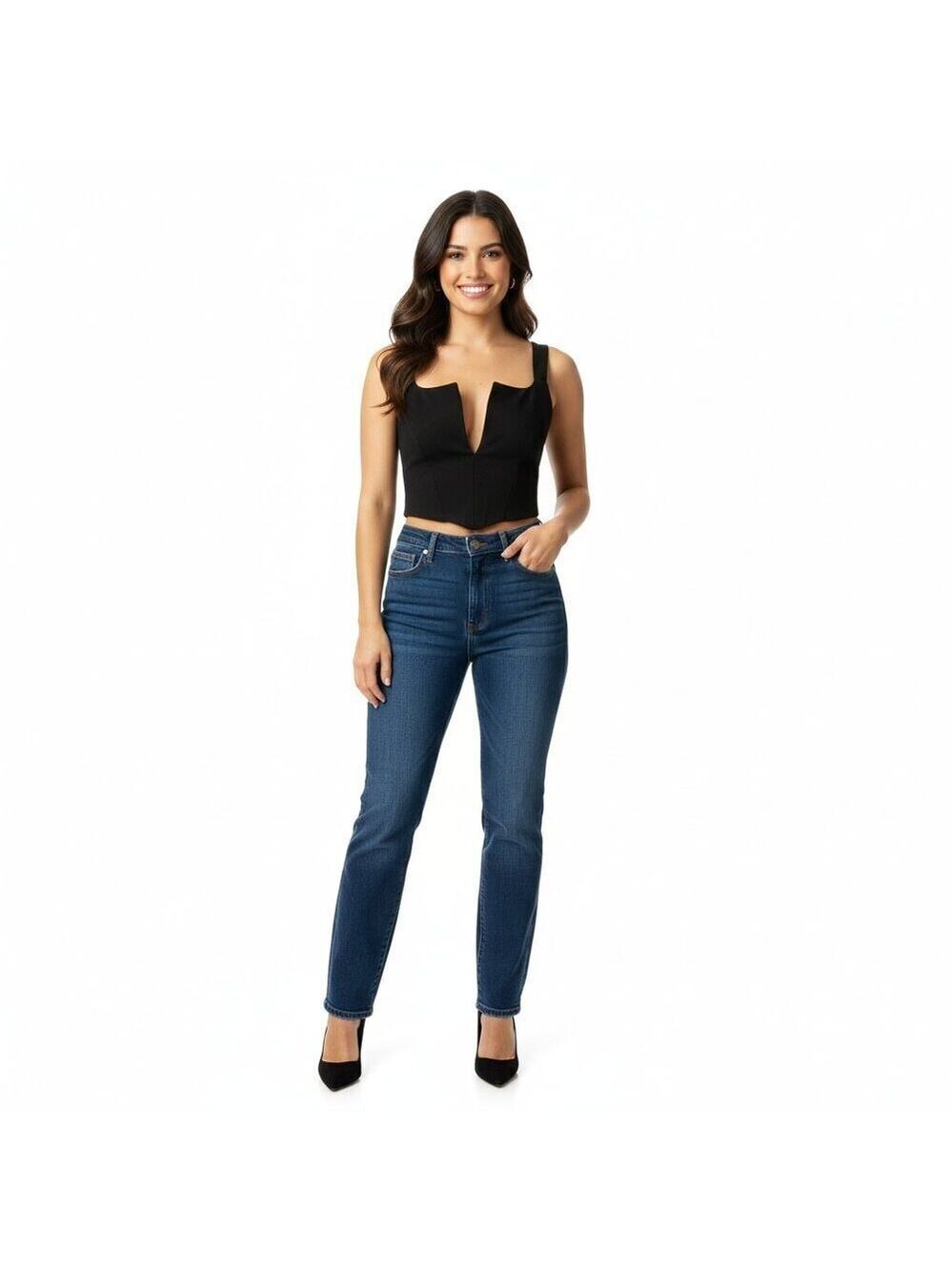 *PrettyLittleThing Black Deep V Corset Crop Top – US 6